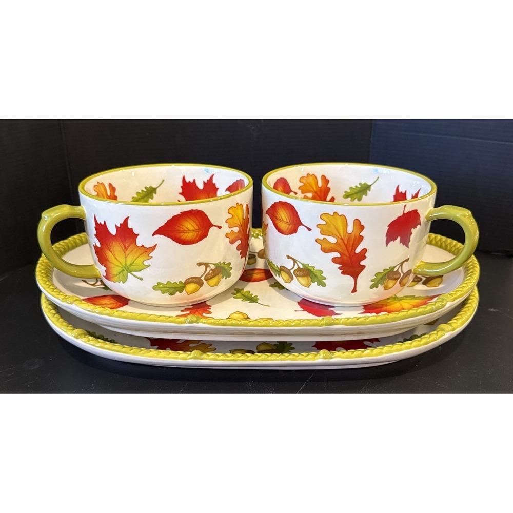 Temptations Seasonal Acorn Leaf Soup Mug With Plate Set Of 2 Fall Autumn